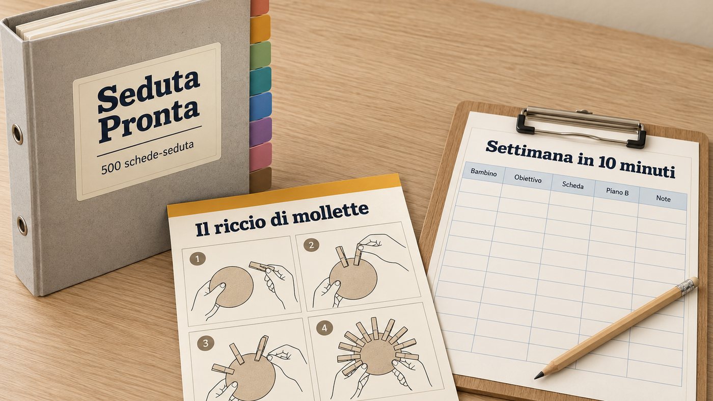 Un raccoglitore di schede di attività con otto divisori colorati, aperto su una scrivania